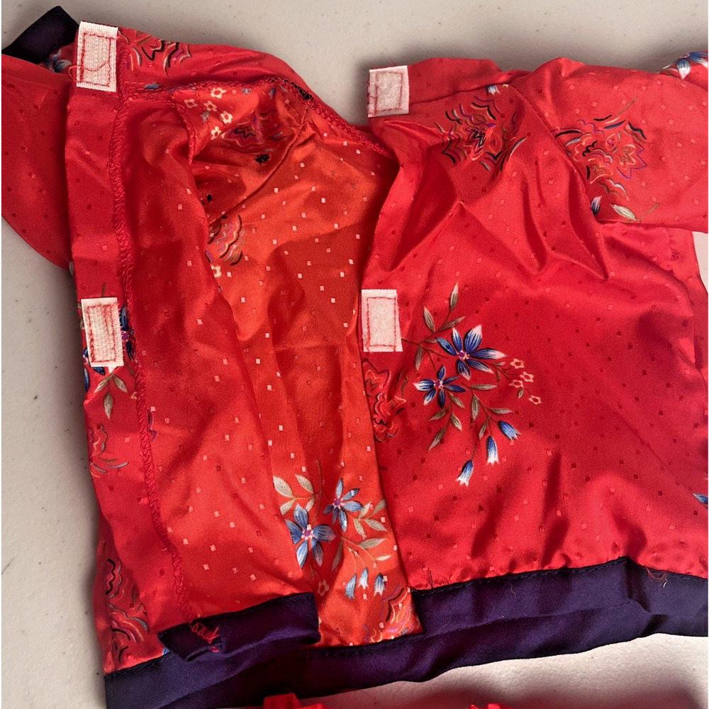Vintage Coleco Cabbage Patch Kids Oriental Red Silk Flower Print Shirt Top Set - Picture 9 of 11